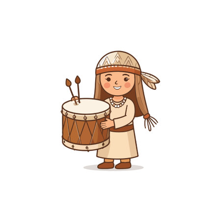 A delightful illustration showcases a young girl immersed in the joy of playing a traditional drum. Her cultural attire and the spirit of the music capture a moment of youthful expression andのイラスト素材