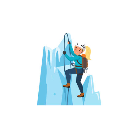A woman wearing a helmet and backpack is scaling an icy mountain face, using a rope for support, showcasing her determination and skill in this challenging outdoor sport. Her focused expression andのイラスト素材