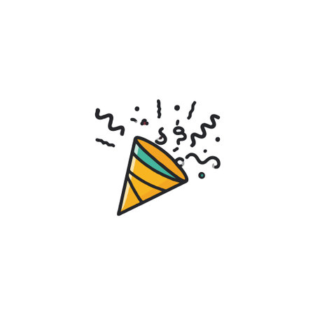 A minimalist illustration showcases a party hat surrounded by scattered confetti, suggesting a cheerful celebration. This simple design evokes feelings of joy and festivity, making it ideal forのイラスト素材