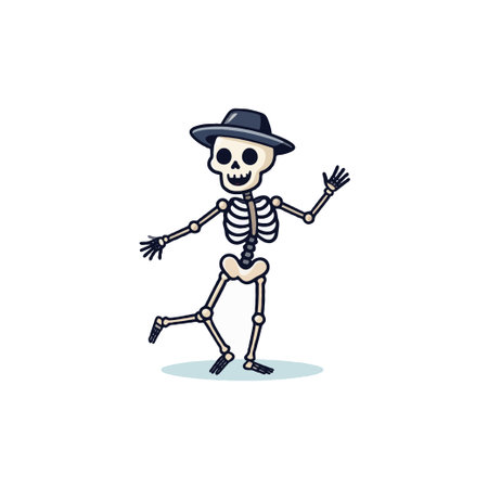 A cartoonish skeleton figure, complete with a stylish hat, playfully waves. Isolated on white background, the image evokes a lighthearted, almost humorous take on the macabre. Perfect for playfulのイラスト素材