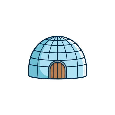 A delightful cartoon illustration of a blue igloo with a wooden door, representing a warm and secure dwelling in the cold arctic environment. The dome-shaped structure with its grid pattern evokesのイラスト素材