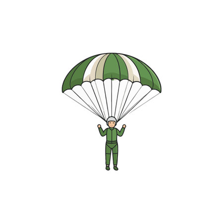 An illustrative depiction showcases a skydiver elegantly descending with a green and white parachute. This imagery effectively conveys the thrill of adventure, outdoor recreational pursuits, and theのイラスト素材