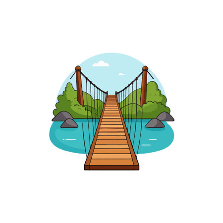 A charming cartoon illustration showcases a wooden suspension bridge elegantly spanning a calm river. Lush greenery surrounds the bridge, creating a serene and inviting scene, perfect for inspiringのイラスト素材
