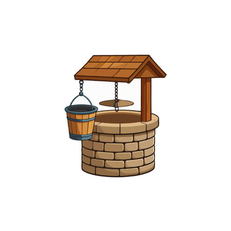 Illustration of a charming rustic water well with a wooden bucket. This image evokes a sense of rural tranquility and tradition. The stone and brick construction, combined with the wooden roof, addsのイラスト素材
