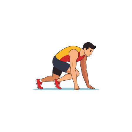 Illustration depicts a dedicated athlete poised at the starting line, embodying intense focus and readiness. Emphasizing the blend of power, speed, and endurance required for competitive sprintのイラスト素材