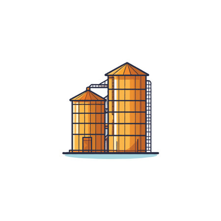 This image presents a minimalistic vector illustration of two silos, capturing their industrial essence with simple lines and shapes. The neutral background draws attention to the architecturalのイラスト素材