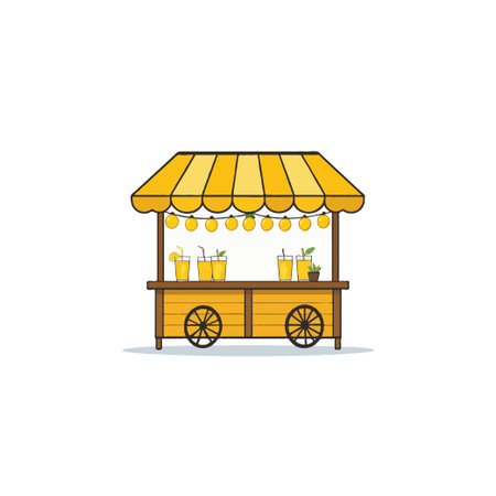 A whimsical illustration depicts a lemonade stand adorned with yellow and orange stripes. Refreshing beverages are visible with straws and decorative lights, creating a cheerful and inviting summerのイラスト素材