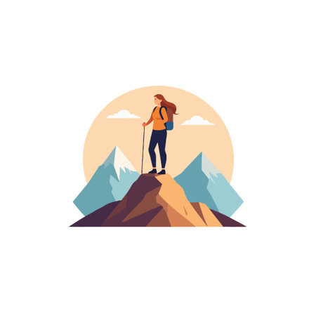 A vector illustration showcases a female hiker standing triumphantly on a mountain peak, against a backdrop of snow-capped mountains and a pastel sky. The scene captures the spirit of adventure,のイラスト素材