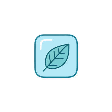 A simplified illustration presents a single leaf contained within a blue rounded square. The icon style suggests a modern approach to representing nature, growth, and purity. This image is suitableのイラスト素材