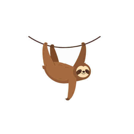 A charming cartoon illustration depicts a cute sloth hanging from a vine. The sloth's gentle smile and relaxed posture evoke a feeling of peace and contentment within its natural habitat. Thisのイラスト素材