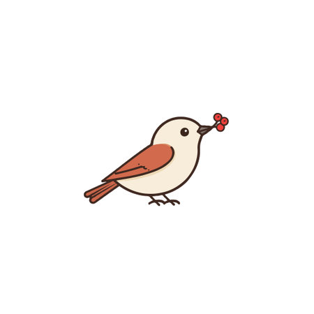 A delightful and minimal bird illustration holding berries in its beak. The simple design and cheerful colors evoke a sense of joy and natural beauty, perfect for adding a touch of whimsy to anyのイラスト素材