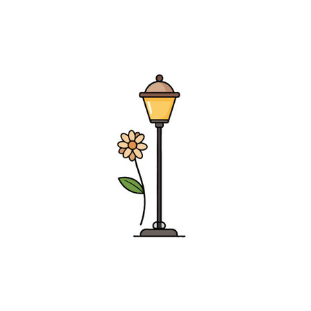 A stylized illustration showcases a vintage streetlamp standing beside a daisy bloom. The scene evokes a sense of serenity and warmth, suggesting a quiet moment in a peaceful outdoor setting, withのイラスト素材