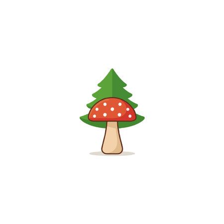 Delightful vector illustration of a mushroom paired with an evergreen tree, presenting a harmonious blend of nature's beauty. Perfect for woodland-themed designs, children's illustrations, and anyのイラスト素材