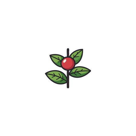 A stylized illustration presents a vibrant red berry nestled among verdant leaves attached to a slender stem. The simplicity of the design against a white backdrop emphasizes the beauty of nature'sのイラスト素材