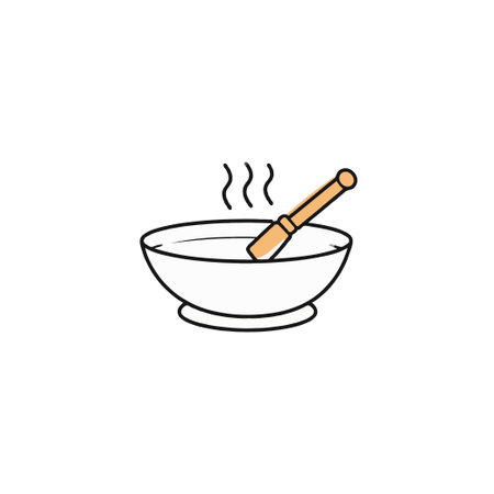 A minimalist illustration depicts a bowl with faint vapor rising, hinting at warmth. A plain wooden stick rests diagonally inside. The drawing evokes a sense of simple comfort and calm. Theのイラスト素材