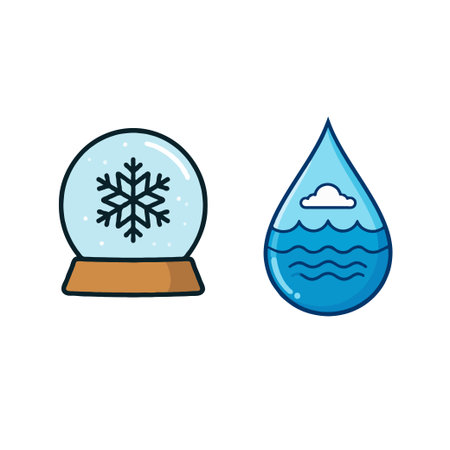 A contrasting depiction showcases a snow globe embodying winter's chill with a snowflake, beside a water droplet signifying liquid serenity, featuring a cloud and gentle waves, these icons togetherのイラスト素材