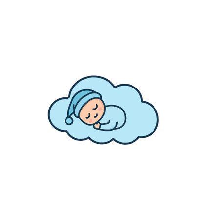 A sweet cartoon illustration depicts a baby sleeping soundly on a light blue fluffy cloud. Symbolizing peaceful dreams, it conveys innocence and a state of serene rest, perfect for baby relatedのイラスト素材
