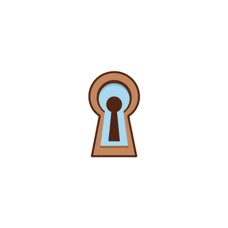 A simple keyhole illustration rendered in a minimalistic style. It represents opportunities and offers a sense of potential solutions to puzzles, depicted with a brown frame and a light blueのイラスト素材