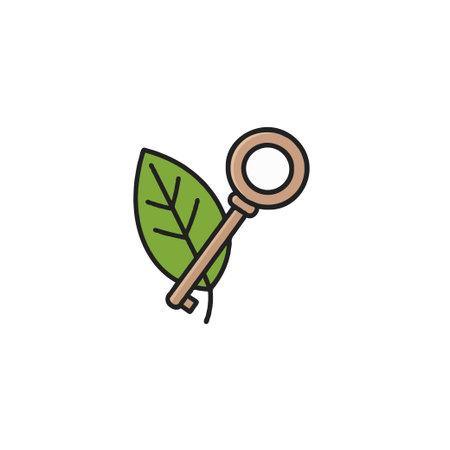 A simple emblem illustrates the connection between nature and solutions, a vintage key resting against a lush green leaf symbolizes unlocking natural potential, and sustainable growth. It embodiesのイラスト素材