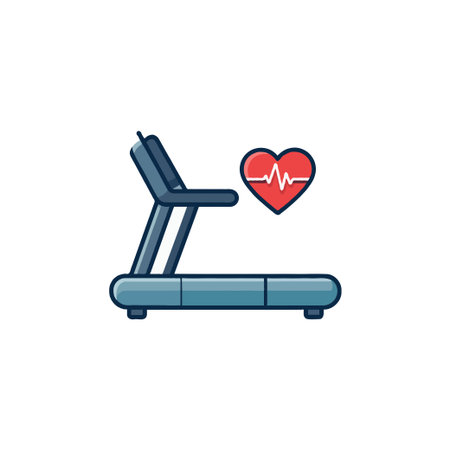 A stylized vector image portrays a blue treadmill accompanied by a red heart symbol, signifying the importance of cardiovascular health and fitness. The image evokes feelings of exercise, activeのイラスト素材