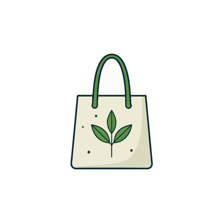 An illustration of a canvas tote bag emphasizes eco-friendliness. It displays green leaf design, symbolizing a commitment to sustainable practices and environmental consciousness. The bag promotesのイラスト素材