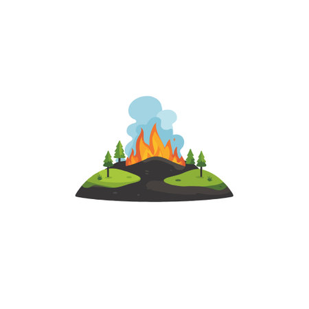 Stylized cartoon depicting a wildfire consuming a forest area, highlighting ecological damage, the importance of wildfire prevention, and the severe repercussions of natural disasters onのイラスト素材