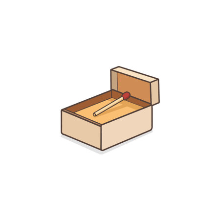 A minimalist illustration presents a beige matchbox with a brown outline, its lid slightly ajar. Inside, a single match lies diagonally, its red tip hinting at potential ignition. This image evokesのイラスト素材