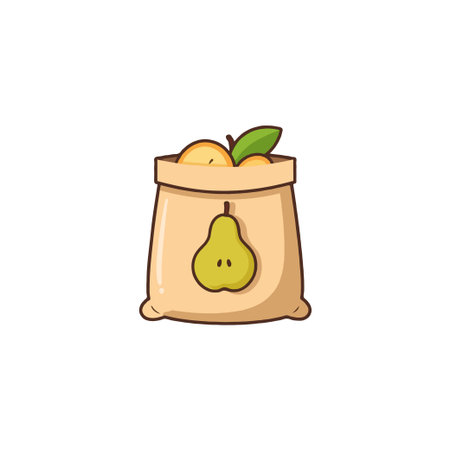 A delightful cartoon illustration depicts a canvas bag filled with ripe fruits, including a pear, suggesting the freshness and bounty of organic produce. The image evokes a sense of healthy eatingのイラスト素材