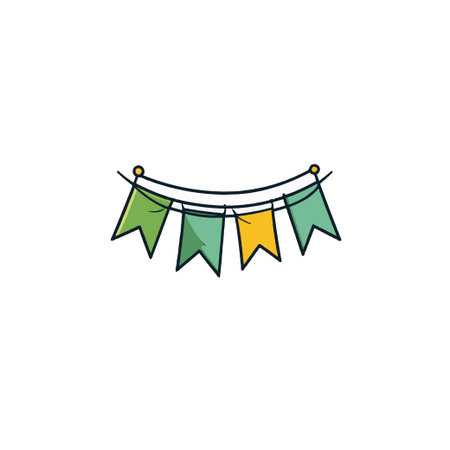 A cheerful illustration features a string of colorful pennants, perfect for adding a festive touch to any design. The banner includes green and yellow flags, creating a celebratory and vibrantのイラスト素材