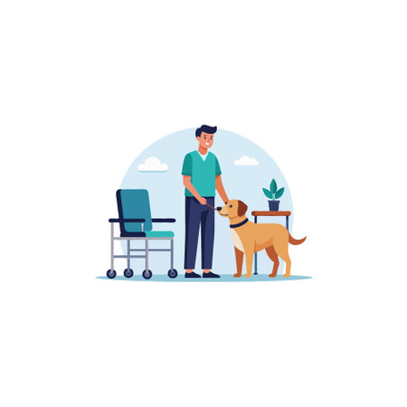An illustration captures a serene indoor scene where a man, likely a caregiver or companion, walks his loyal dog near a wheelchair. The environment depicts a space of care and support, highlightingのイラスト素材