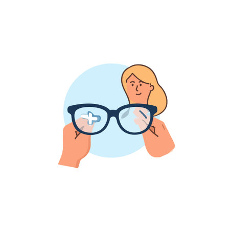 A woman holds a pair of eyeglasses, reflecting a plus sign, symbolizing optical health and vision correction. The image emphasizes the importance of clear eyesight, regular eye examinations, andのイラスト素材