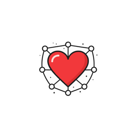 A vibrant red heart is encapsulated within a network shield, symbolizing secure love and technological protection. This graphic represents a modern approach to safeguarding emotions and connectionsのイラスト素材