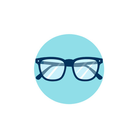 A modern minimalist illustration features black-rimmed glasses with clear lenses, placed against a soft blue circular background. The design presents a clean, contemporary aesthetic, emphasizingのイラスト素材