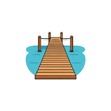 A minimalist illustration showcases a wooden boardwalk extending into serene blue water. The design evokes a sense of tranquility and peaceful escape, symbolizing access to waterfront leisure andのイラスト素材