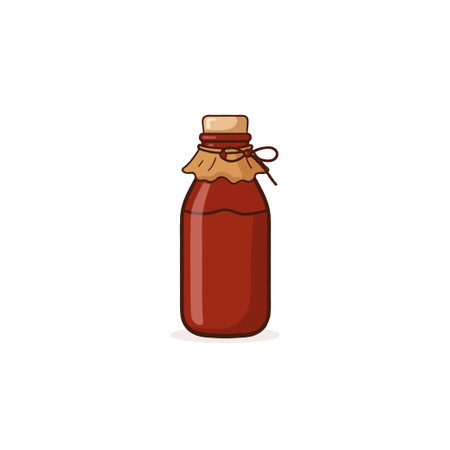 An illustration shows a simple bottle design filled with brown liquid. The jar is sealed with fabric and string, conveying a handcrafted feel. This image captures a classic aesthetic within a modernのイラスト素材