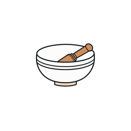A simple illustration depicts a white ceramic bowl with a wooden pestle inside, suggesting culinary use for preparing herbs and spices or its use in traditional medicine for grinding ingredients forのイラスト素材