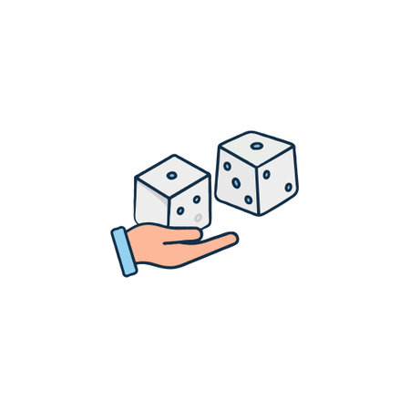 A stylized illustration shows a hand presenting two dice, symbolizing chance or risk. This graphic represents evaluating opportunities, making decisions, and the elements of luck and strategy inのイラスト素材
