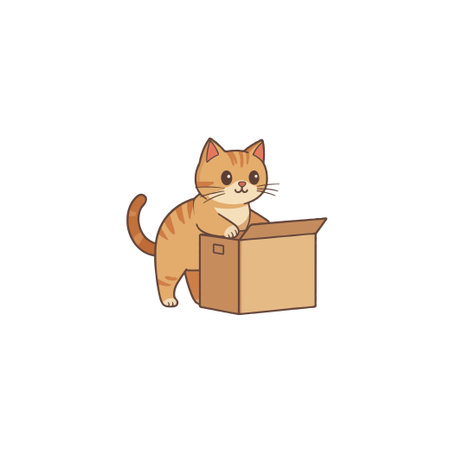 A delightful cartoon illustration depicts a tabby cat inquisitively examining a cardboard box. With its endearing gaze and poised paws, the feline embodies curiosity. The simple design and cleanのイラスト素材