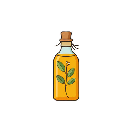A vector illustration depicting a vintage bottle filled with golden aromatherapy oil infused with a green botanical element promoting a natural and organic wellness approach. The minimalist designのイラスト素材