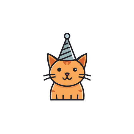A charming and minimalist illustration of an orange tabby cat wearing a party hat, perfect for conveying a sense of fun, celebration, and cuteness. The clean lines and bright colors make it idealのイラスト素材