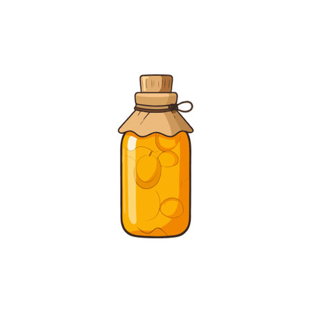 A charming hand-drawn illustration of a jar of yellow fruit preserve offers a warm, inviting visual. Evoking the essence of homemade goodness, this artwork, with its rustic cork and sealed vintageのイラスト素材