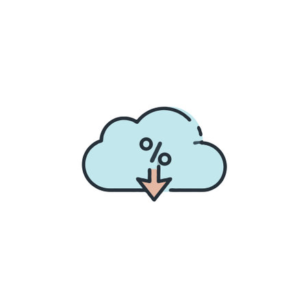Minimal vector illustration showcasing a cloud icon with a percentage sign and downward arrow symbolizes data savings and cost reduction for digital services. Perfect for marketing materialsのイラスト素材