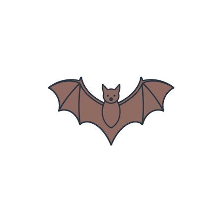 Stylized depiction of a brown bat with expanded wings, rendered in a simple cartoon style suitable...