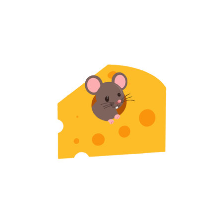 A delightful illustration showcasing a cute mouse comfortably residing within a sizable piece of cheese. The playful cartoon aesthetic and bright colors create a whimsical scene, making it perfectのイラスト素材