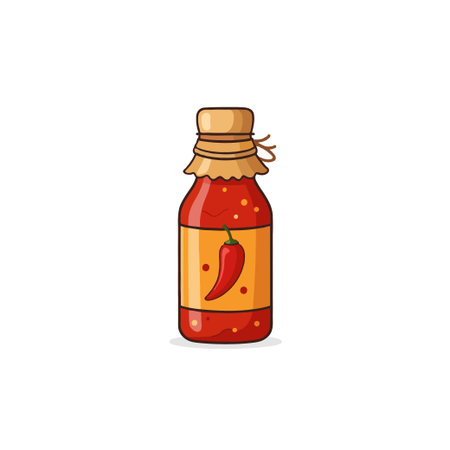 A delightful illustration showcasing a jar of spicy chili sauce, emphasized by a fiery red pepper graphic. Ideal for culinary projects, food blogs, and promotional materials that require a touch ofのイラスト素材