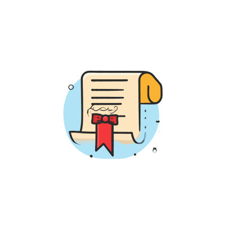 A graphic cartoon style icon featuring a document secured with a seal and tied with a ribbon. This symbolizes formal certification, official authorization, or validated agreement. The artwork isのイラスト素材