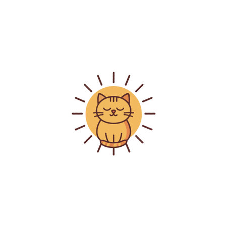 A delightful, minimalist illustration of a peaceful cat, enveloped by the warm rays of the sun, creating a charming scene. This design conveys happiness, serenity and offers a joyful and relaxingのイラスト素材