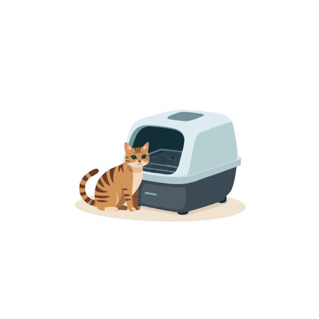 A digitally illustrated tabby cat sits patiently beside a closed litter box, showcasing pet care and indoor domesticity. The simplistic design emphasizes hygiene and the bond between the cat and itsのイラスト素材