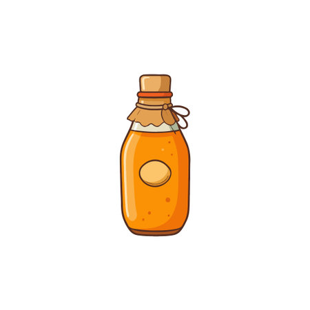 A charming hand-drawn illustration features a bottle filled with a golden, organic-looking liquid. The bottle is sealed with a cork lid tied with twine, imparting a rustic and homemade feel,のイラスト素材