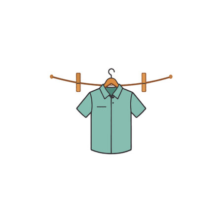 A charming illustration depicts a mint-colored shirt hanging from a wooden hanger suspended by clothespins on a rope. It conveys a sense of clean, domestic simplicity and offers a stylish aestheticのイラスト素材